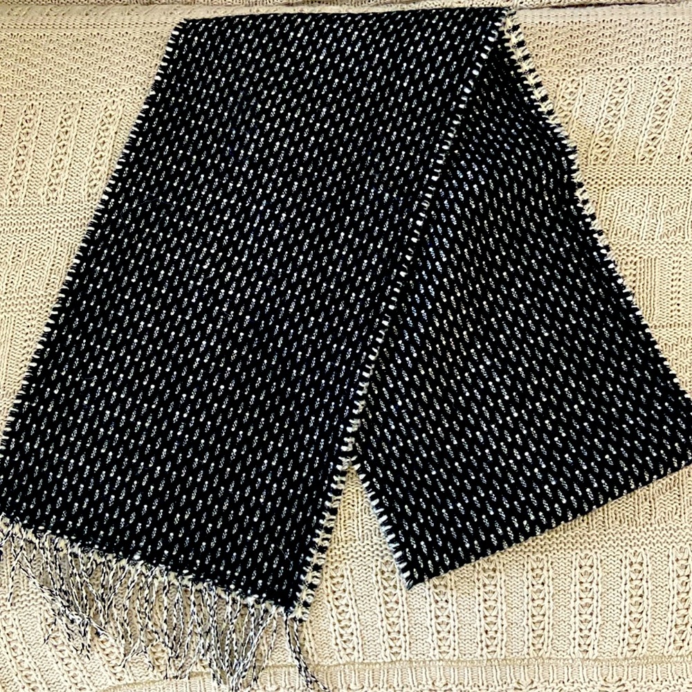 Johnstons Black White Wool Cashmere Blend Winter Scarf made in Scotland Vintage
